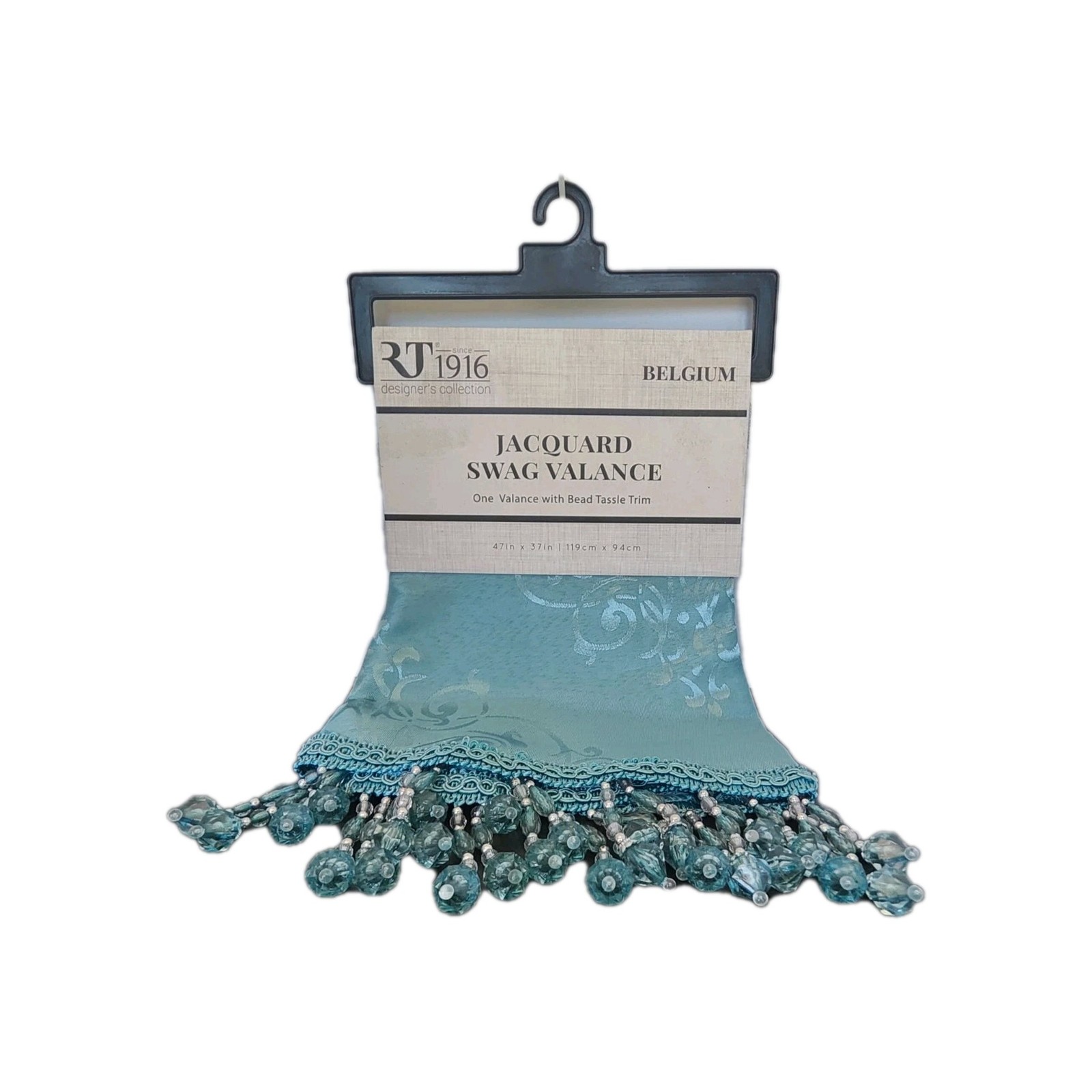 Window Valance RT Designers Coll Belgium 47″X37″ Bead Tassle Trim Blue Jacquard