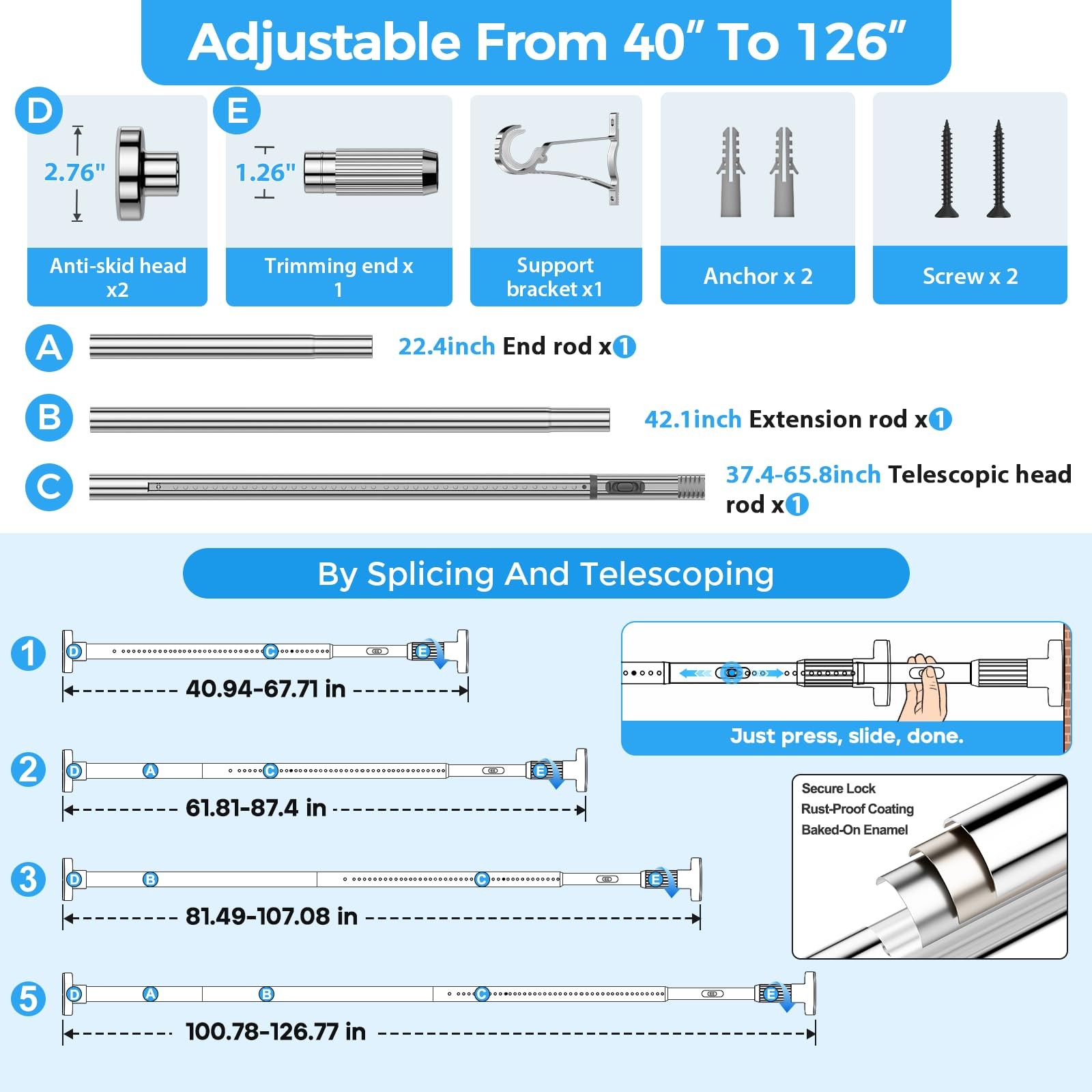 41-124 Inch Heavy Duty Silver Tension Curtain Rod – No Drilling, Adjustable, …