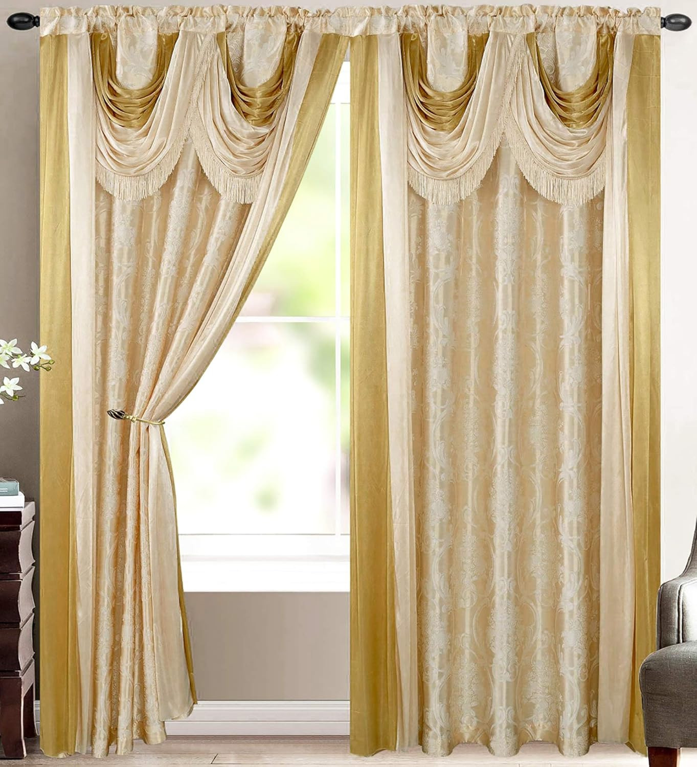 Bella Luxury Jacquard Curtain Panel with Attached Waterfall alance & Scarf 54 by