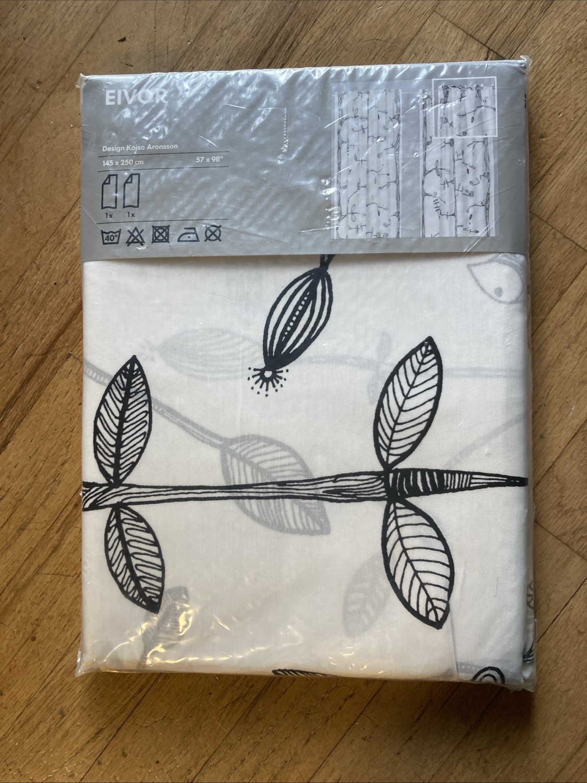 IKEA Eivor NEW 57×98 Black & White Leaf Curtain Panels 70% Polyester 30% Cotton