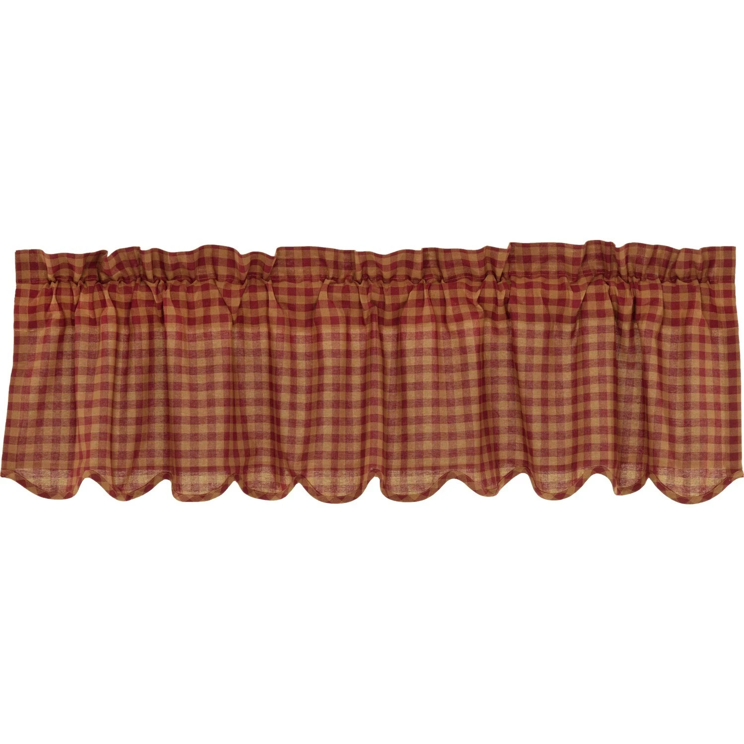 NEW PRIMITIVE BURGUNDY CHECK Scalloped VALANCE Country FARMHOUSE 16X60