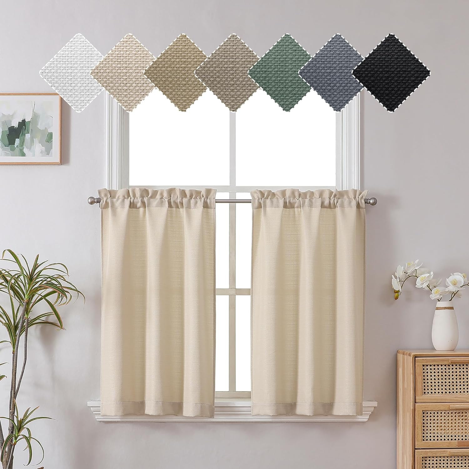 Short Curtains 36 Inch Length, Faux Linen Textured Small Kitchen Curtains, Light