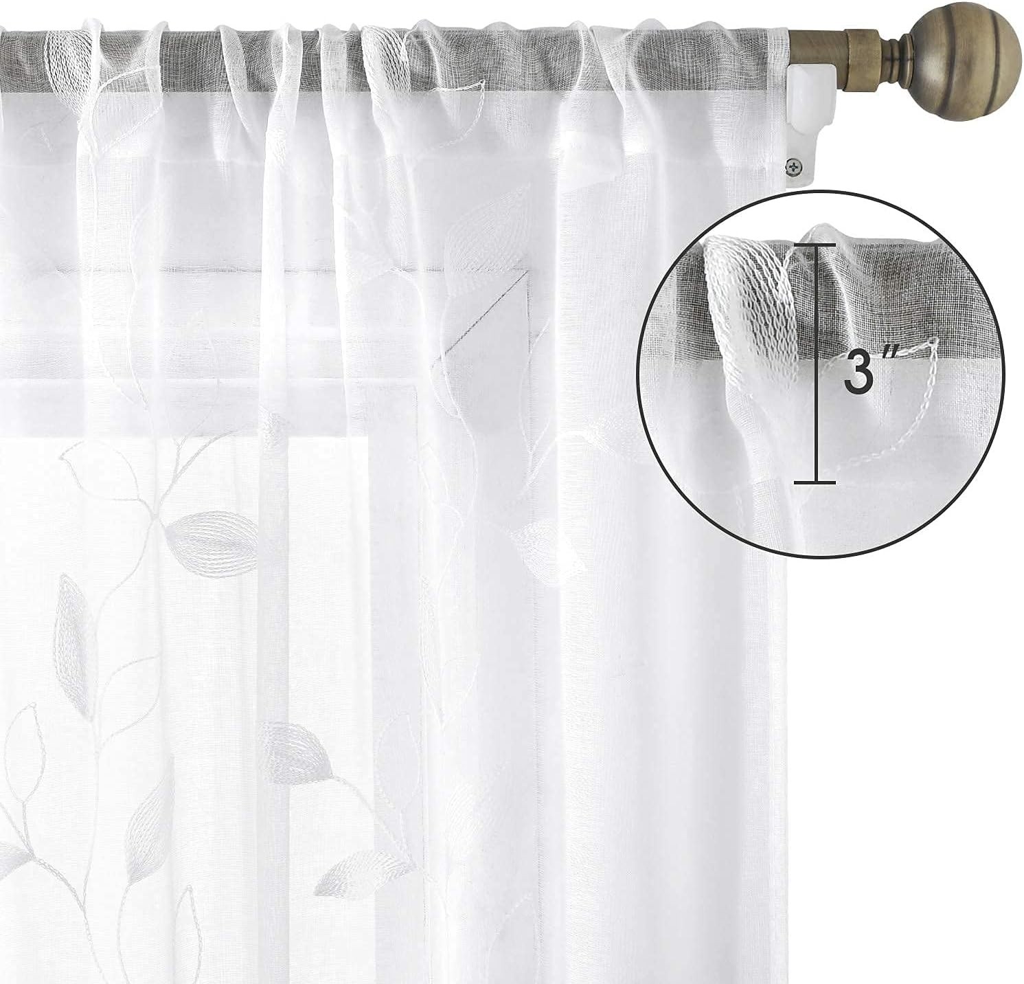 Elegant White Sheer Curtains 52×96” with Embroidered Leaf Pattern – Pack of 2