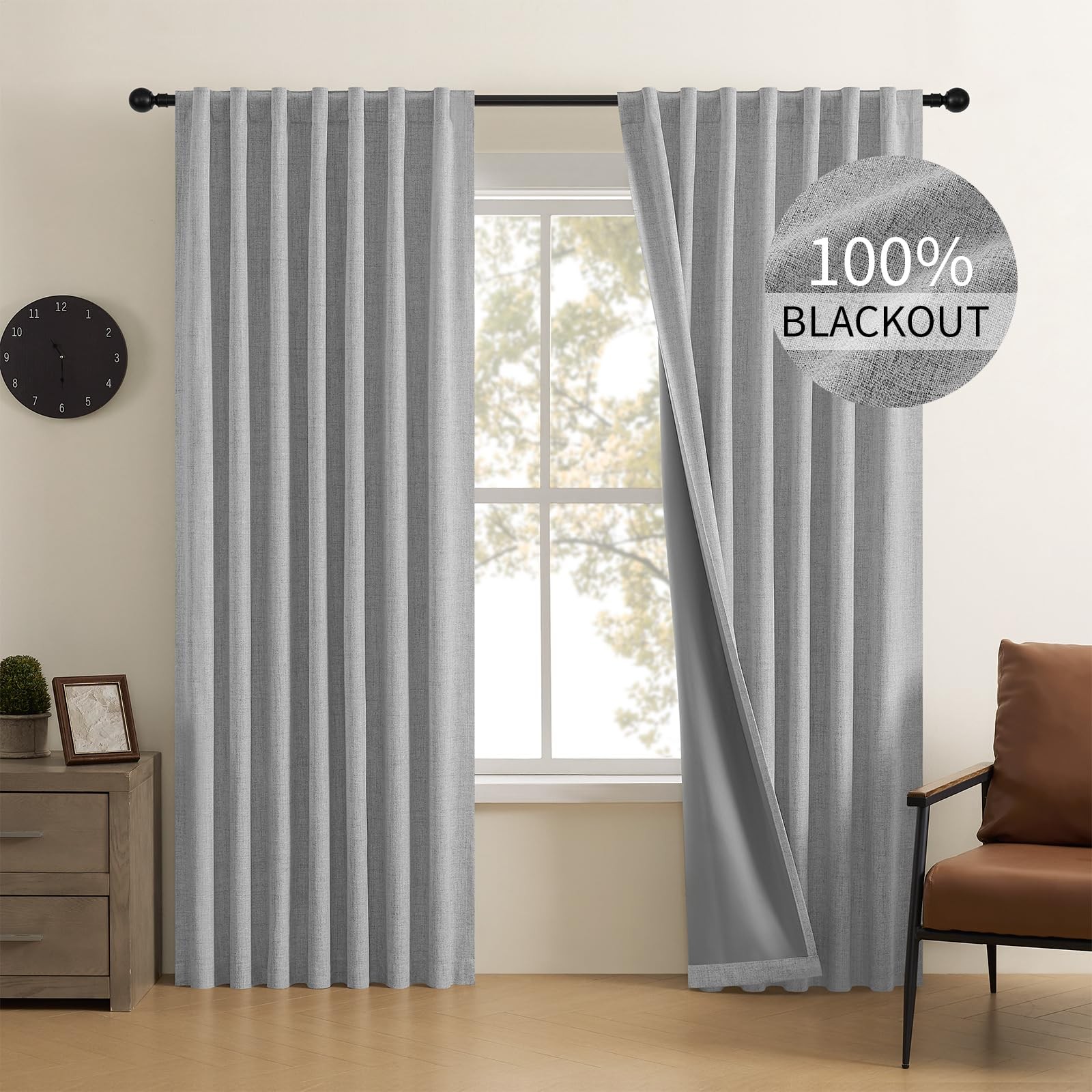 Linen 100% Blackout Curtains 72 Inch Length 2 Panels Set, Back Tab and Rod Po…