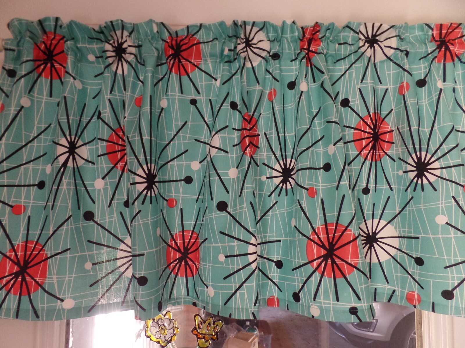 Retro 50’s Aqua Atomic Spheres, Black Spikes, Handmade Window VALANCE 42″ x 16″