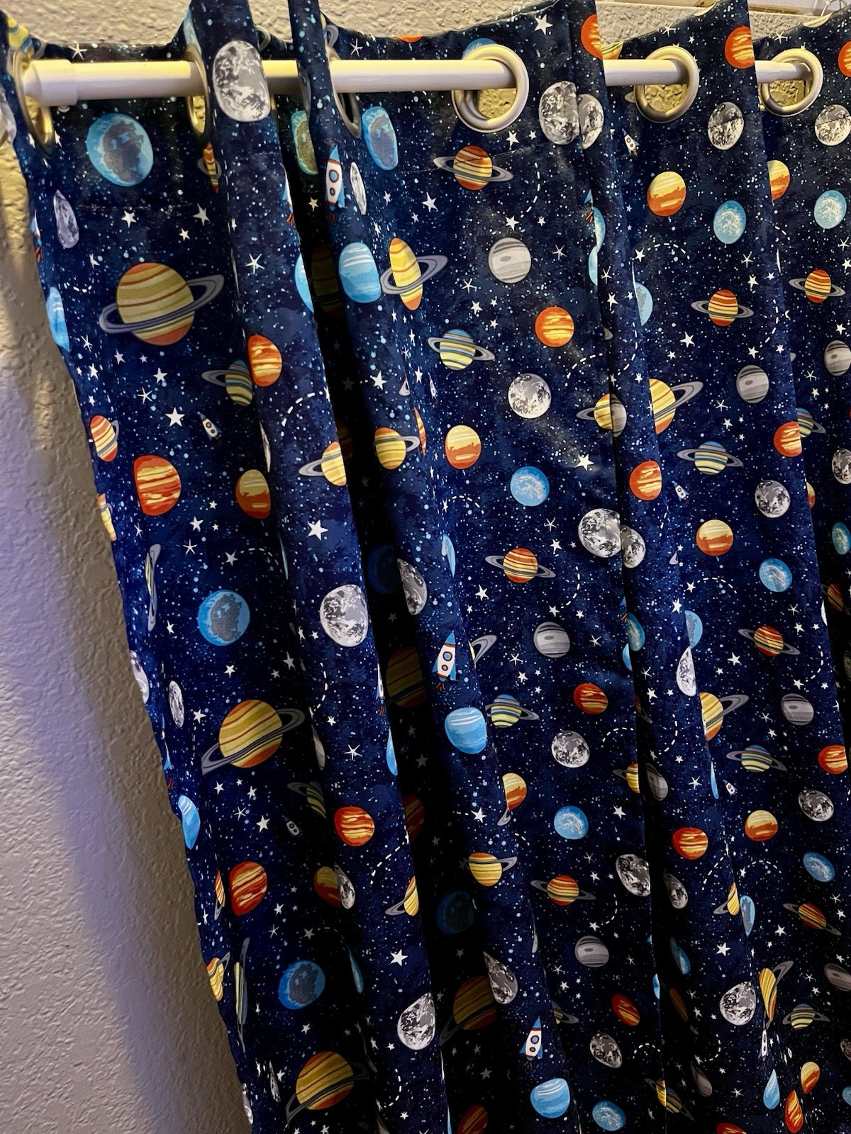 Space Themed Blue Curtains With Planets, Sun, Moon, Rockets And Stars