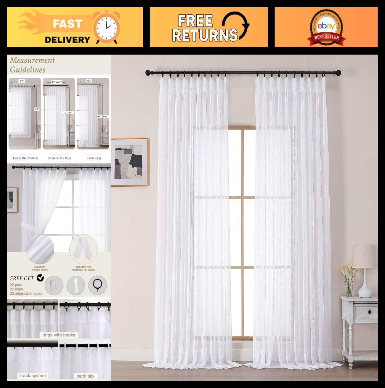 Elegant White Sheer Curtains 96″ Long, 2 Panels, Pinch Pleated Voile Drapes for