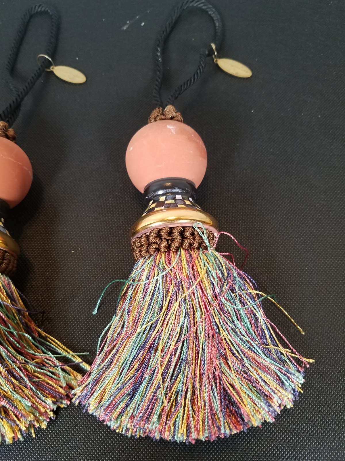 2 Mackenzie Childs Pottery Courtly Check Terra Cotta Tie Back Rope Tassel, 12″