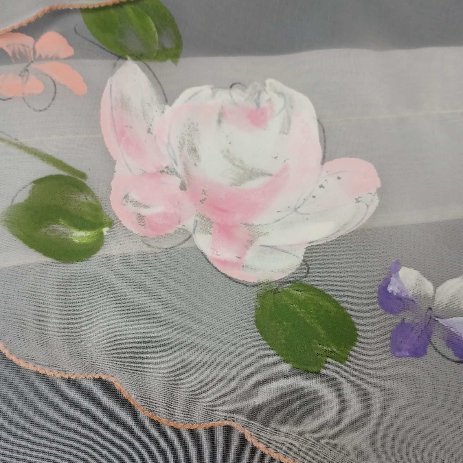 Vintage Sheer Valance Window Single Floral Painted White Cottagecore 68″