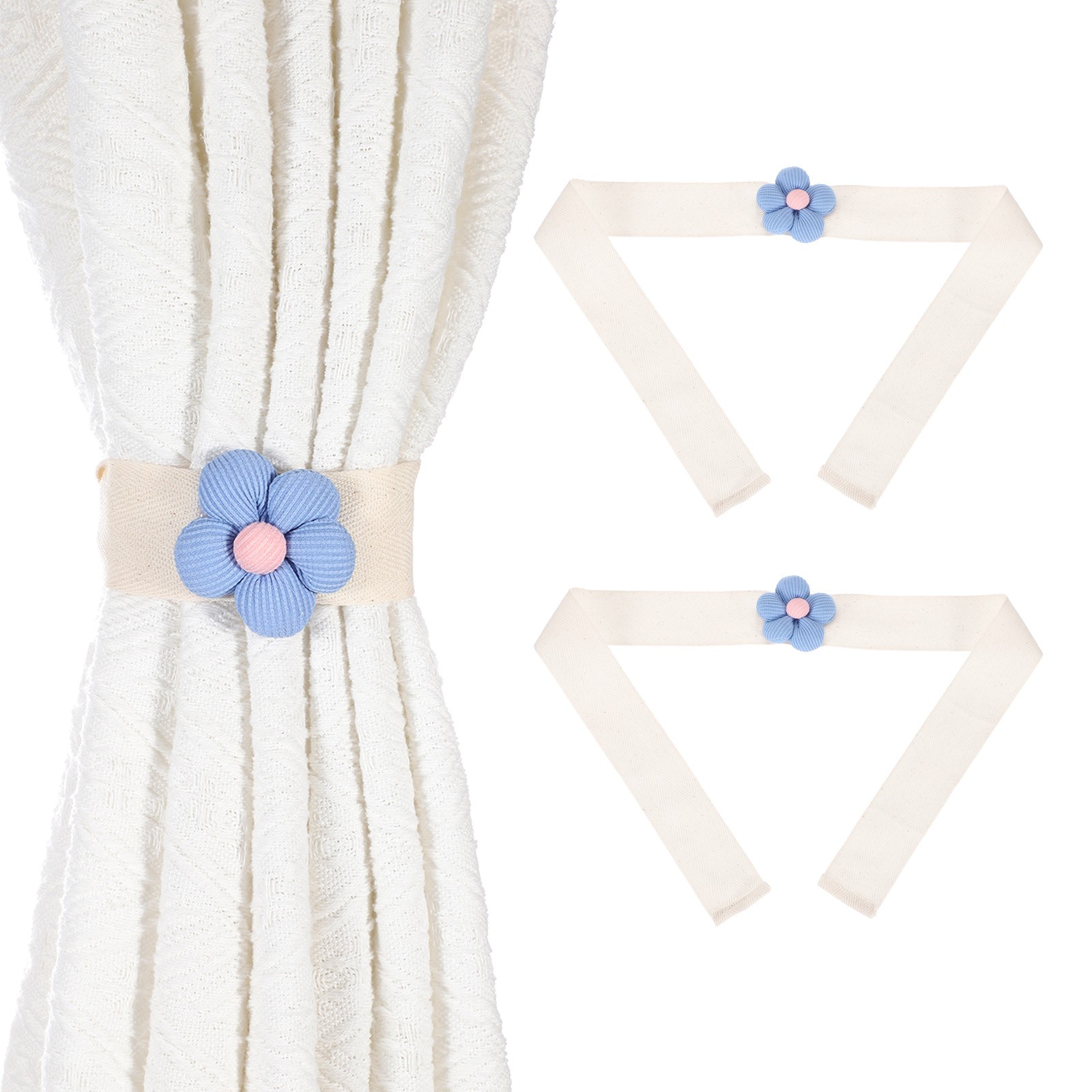 2 Pack Curtain Tiebacks Cute Flower Curtain Ties Five-petal Light Blue