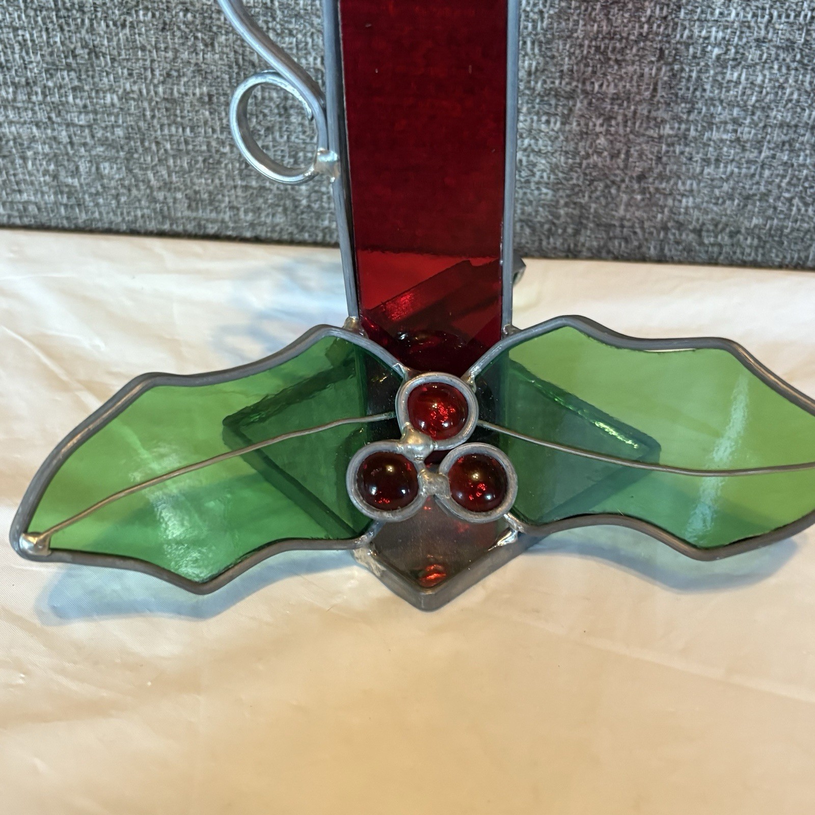 Christmas Candle Holiday Tabletop Stained Glass Art Piece Decor Red Green Silver