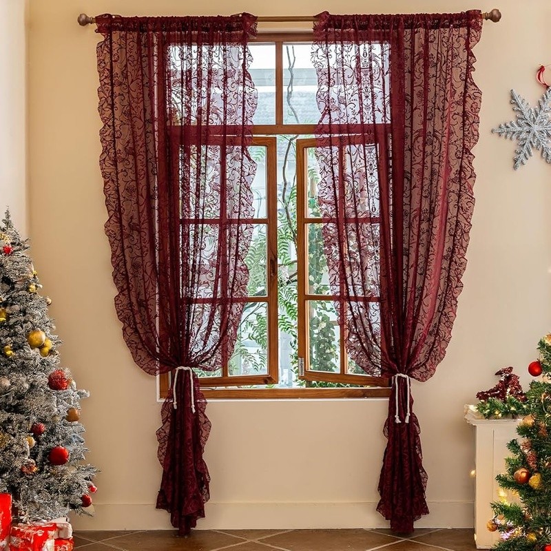 Vintage Sheer Tulle Curtains Floral Lace Ruffled Panels Light Filter Home Decor
