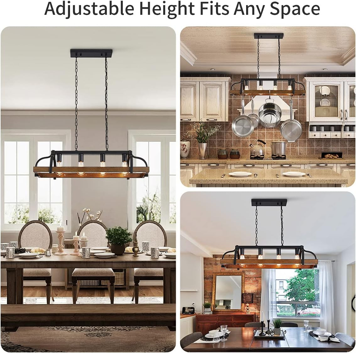 4-Light Metal Pot Hanging Rack Chandelier Imitation Wood Grain Linear Pendant Ce