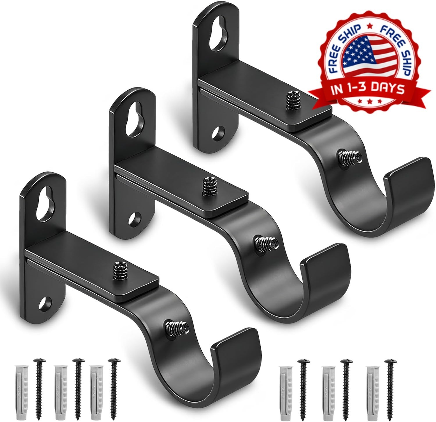 Soportes negros ajustables para cortinero de metal para pared 1 pulgada 3 Pack