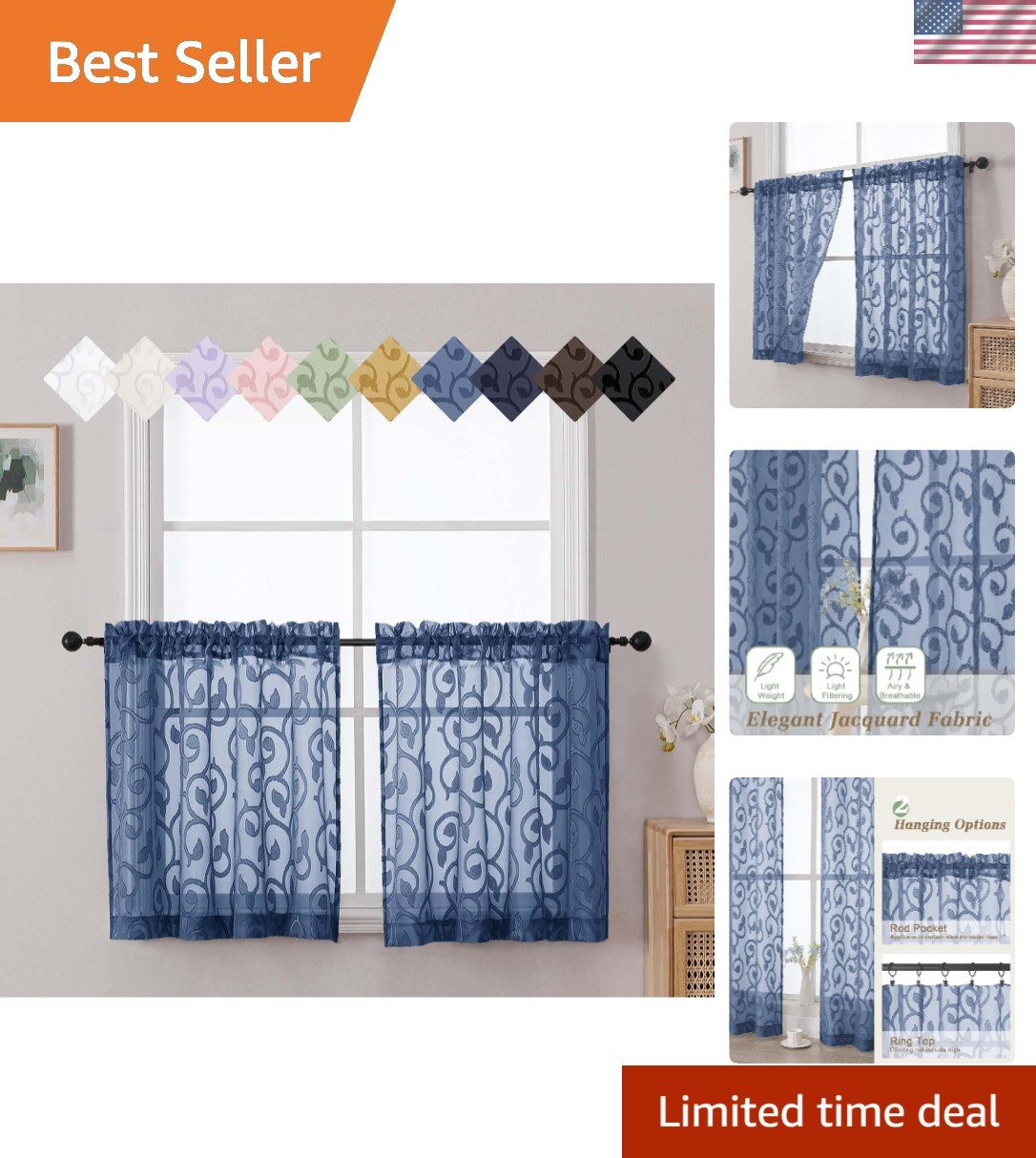 Modern Sheer Curtains Set in Dusty Blue – 2 Panels, 42″W x 24″L for Any Room