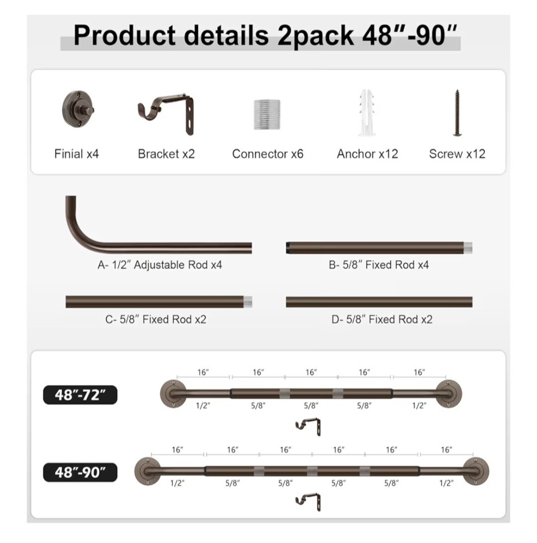 Hei!Dear 2-pack Bronze Blackout Curtain Rods-48-90 In-Wraparound-NEW IN ORIG BX