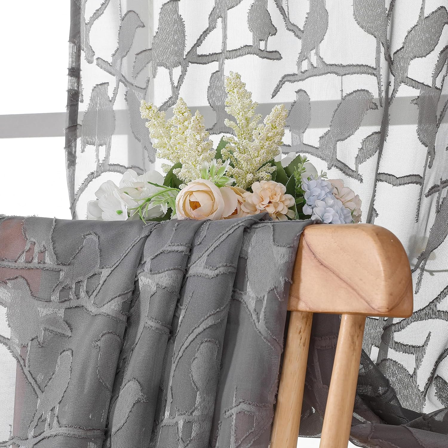 OVZME Anji Sheer Grey Curtains 63 Inches Long, Light & Airy Privacy Textured She