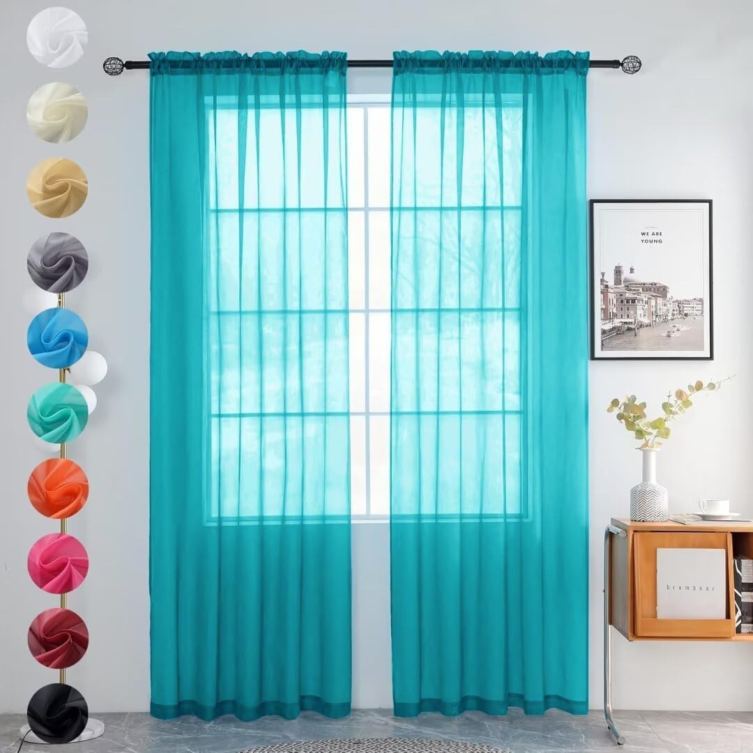 Solid Sheer Rod Pocket Curtain Voile 52″W x 45″L (Pack of 2) Peacock Blue