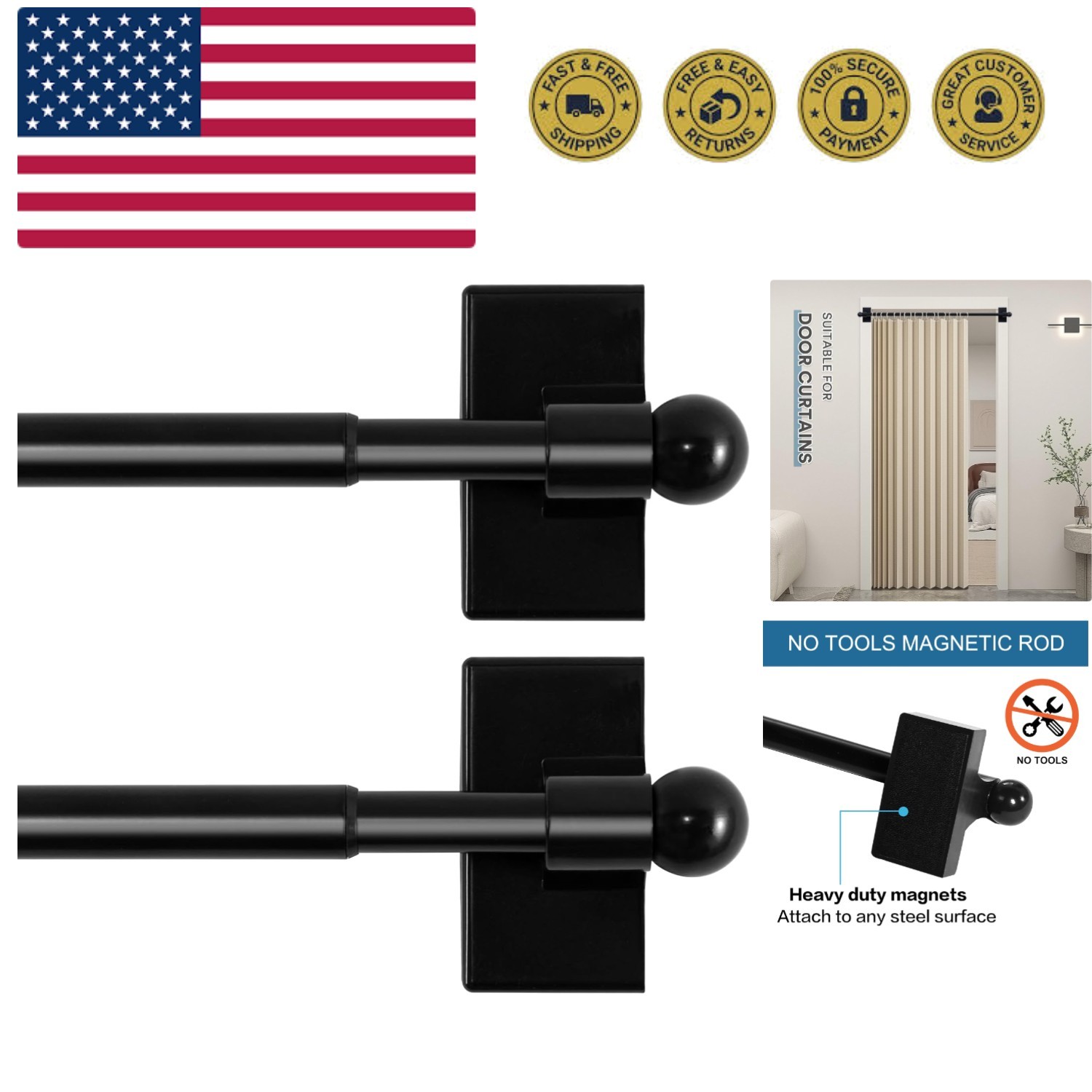 2 PACK Magnetic Curtain Rods for Metal Doors, 16 to 28 Inch, 1/2 Inch Diamete…