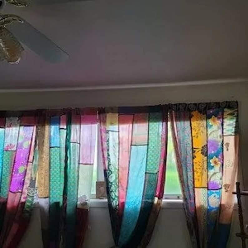 2 Pcs Indian Sari Patchwork Curtain Drape Window Decor Multi Silk Sari Curtain