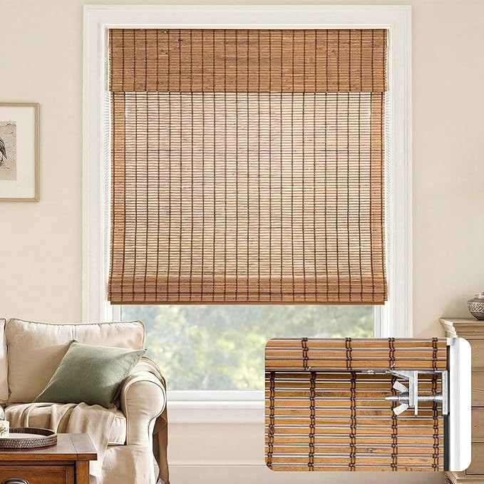 No-Drill Cordless Bamboo Roman Shade 47″ W x 64″ H Malay Umber