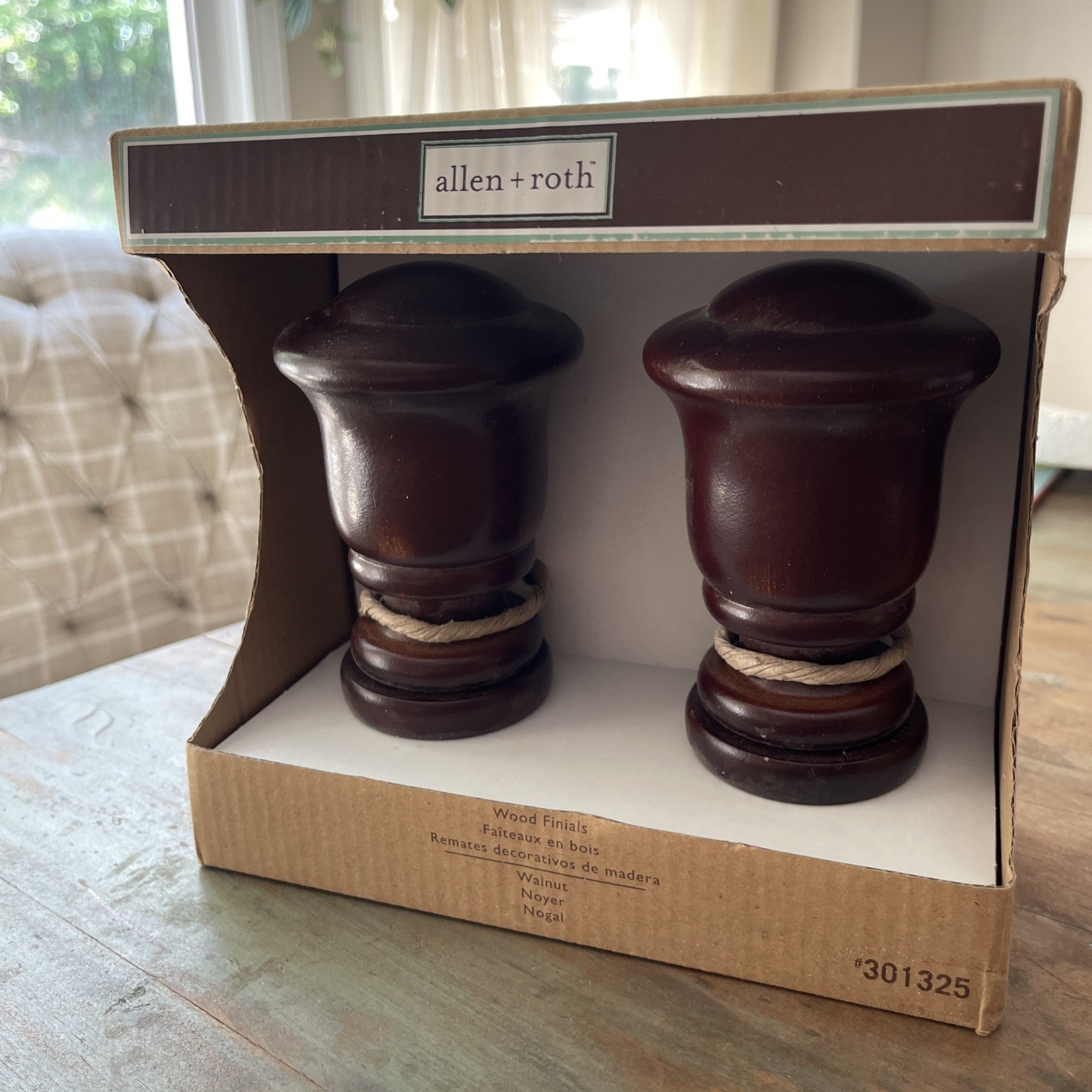 New Allen & Roth 2 Finials Brown/Walnut Finish Fits 1 3/8″ or 1 3/4″ Poles