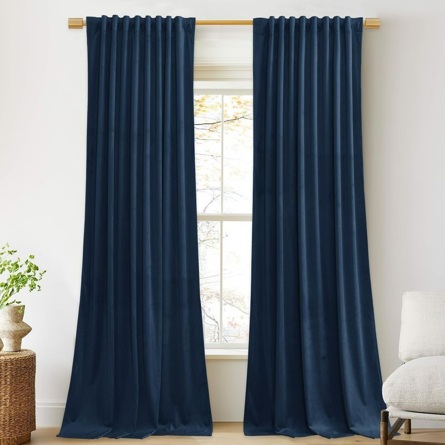 W52 x L120 Navy Blue Velvet Curtains Thermal Insulated High Ceiling 2 Panels