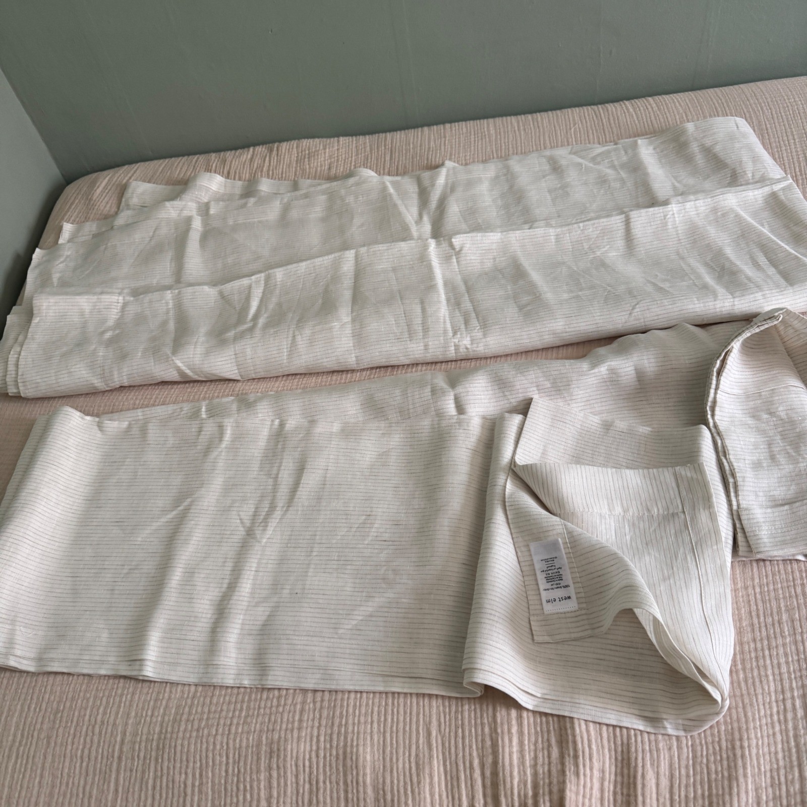 West Elm European Linen Curtain Set 48×84″ Cream Tan Pinstripe Boho Modern 2pc