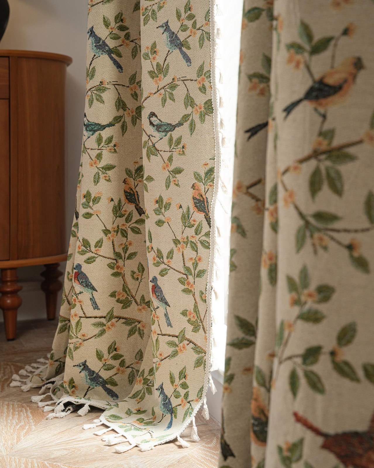 Farmhouse Bird Curtains with Tassels 2 Panel Set Jacquard Semi Sheer Light Fi…
