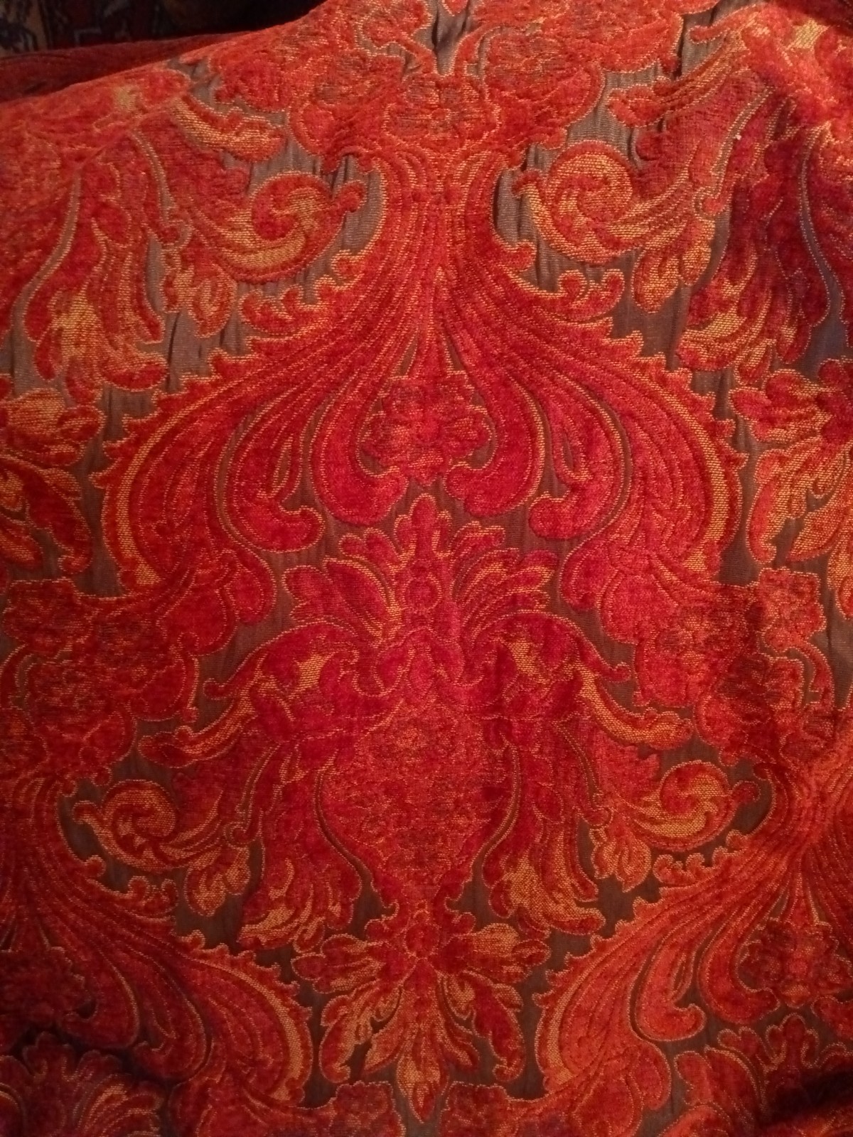 VTG Custom Pinch Pleat Raised Velvet Damask Brick Red/Bronze 122″long x 62″wide