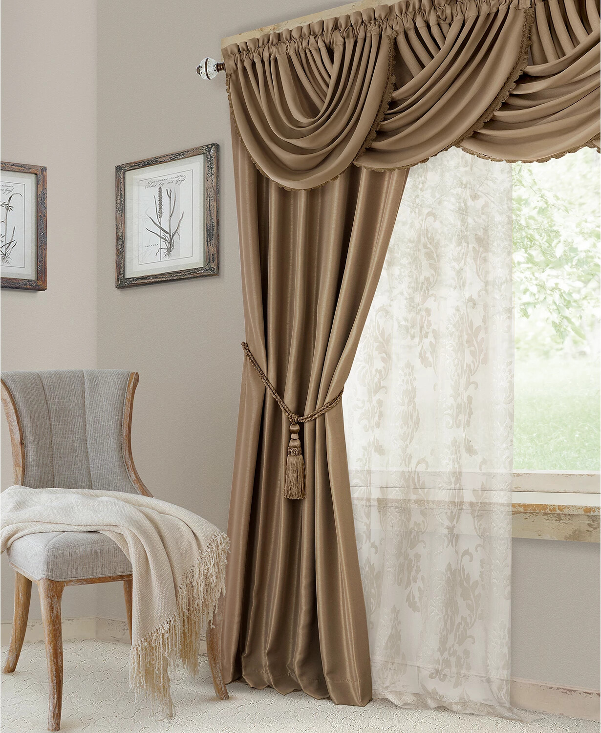 2 Elrene 52″ x 36″ Valance All Seasons Faux Silk Blackout Waterfall Antique GOLD