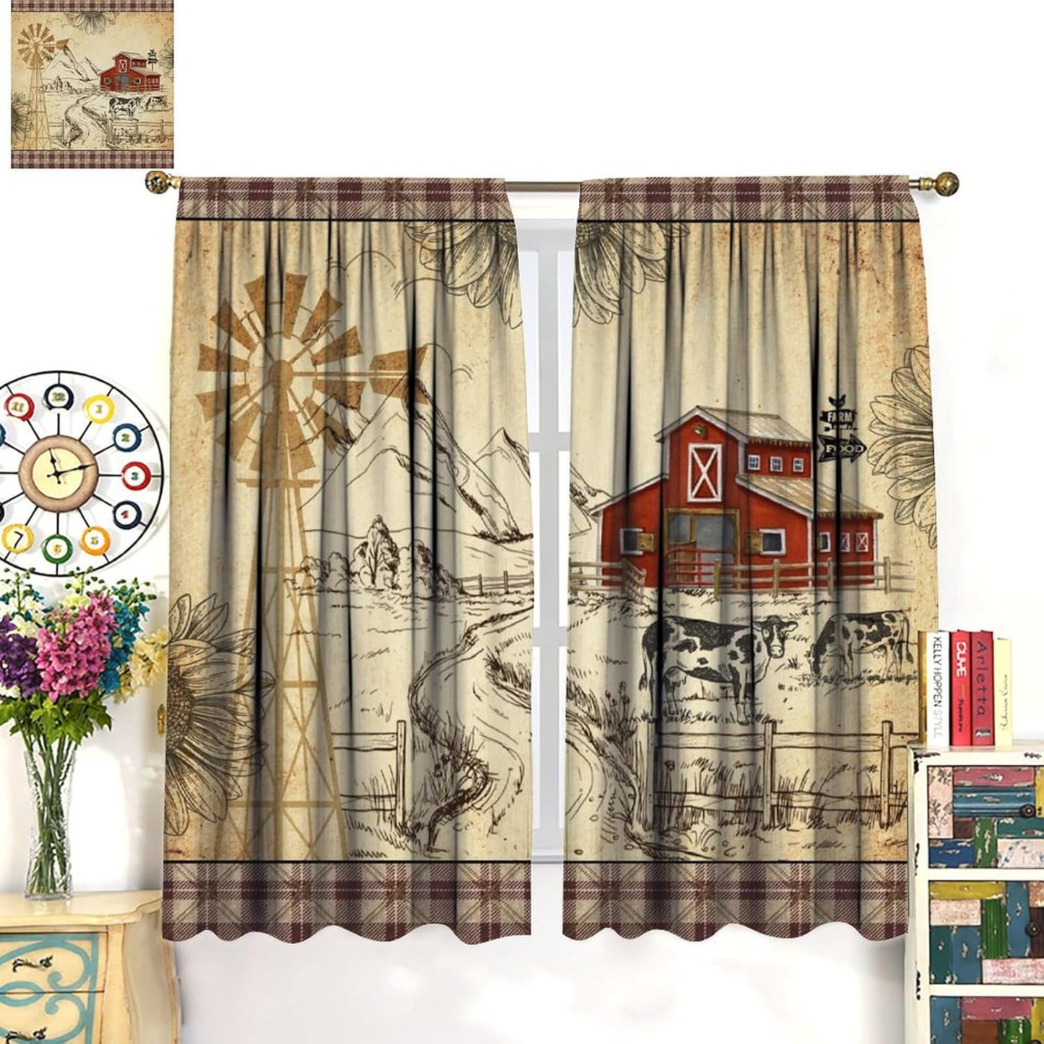 Retro Farm Cow Curtain for Bedroom,Vintage Brown Windmill Sunflower Country Far