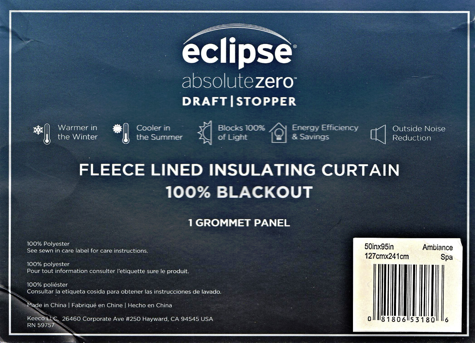 Eclipse 100% Blackout draft stopper fleece curtain grommet Ambiance Spa 50″x95″
