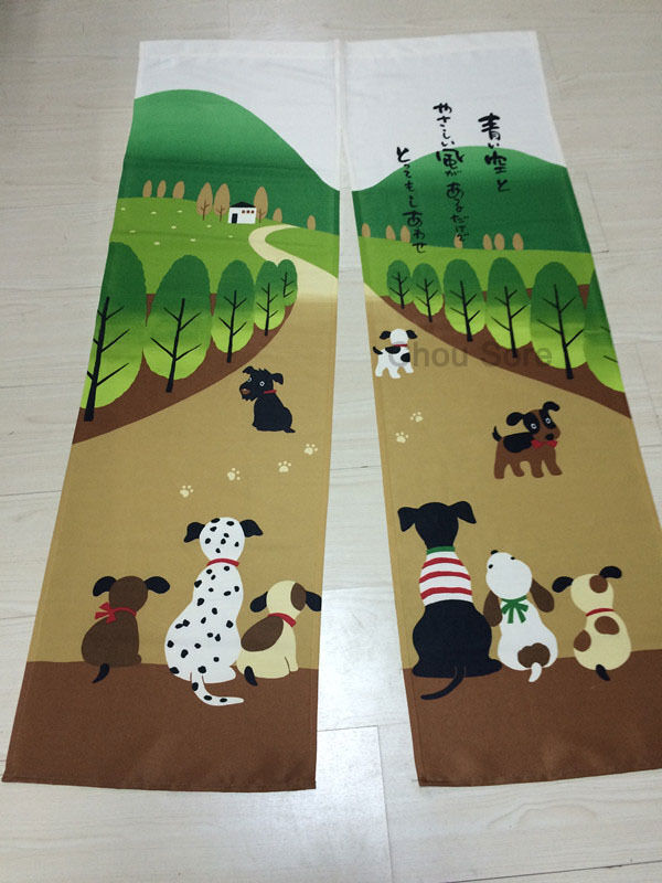 Green Lovely Happy Dog Family Print Door Curtain Tapestry Doorway Hanging Divide