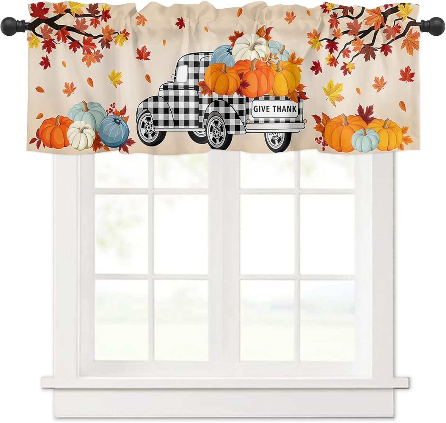 3 Piece Autumn Fall Pumpkin Valance w/Tiers Curtains Plaid Truck 27″W X 36″L New