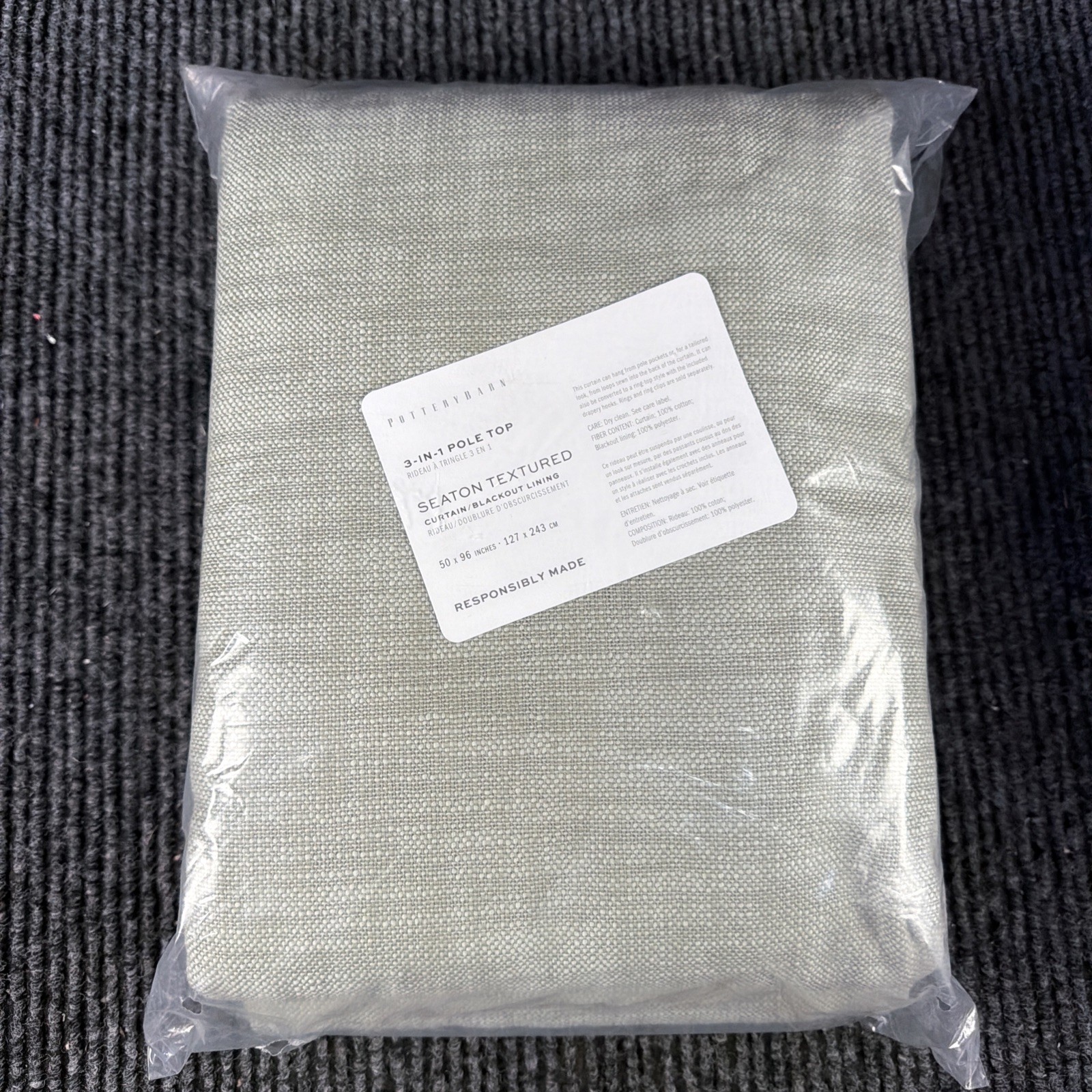 NEW Pottery Barn 3 in 1 Pole Top Curtain 50×96 Eucalyptus Seaton Textured
