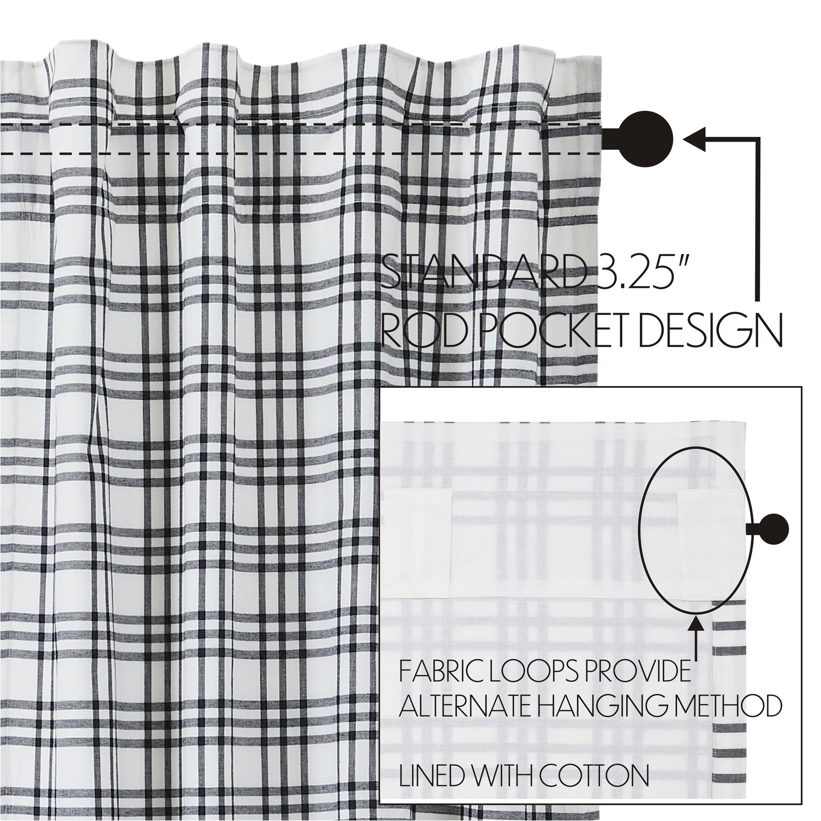 Farmhouse 16″x60″ Valance Black Rod Pocket Kitchen Window Curtains VHC Brands