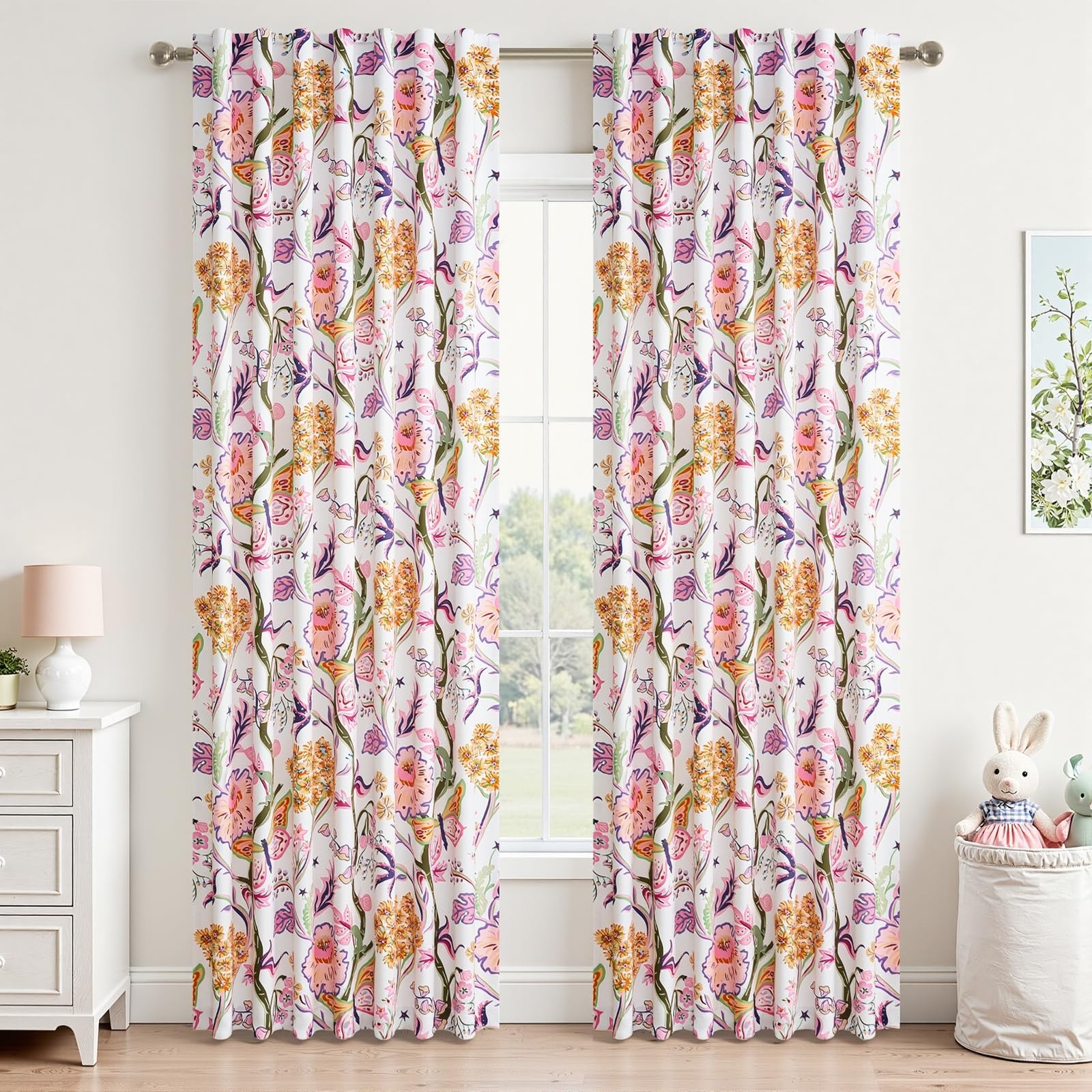 Nursery Curtains Pink Butterfly Floral Drapes for Girls Room, 84 Inch Length,…