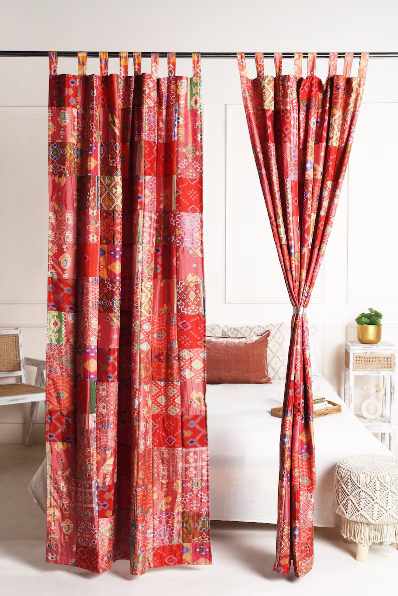 2 Pcs Indian Sari Patchwork Curtain Drape Window Decor Red Silk Sari Curtain