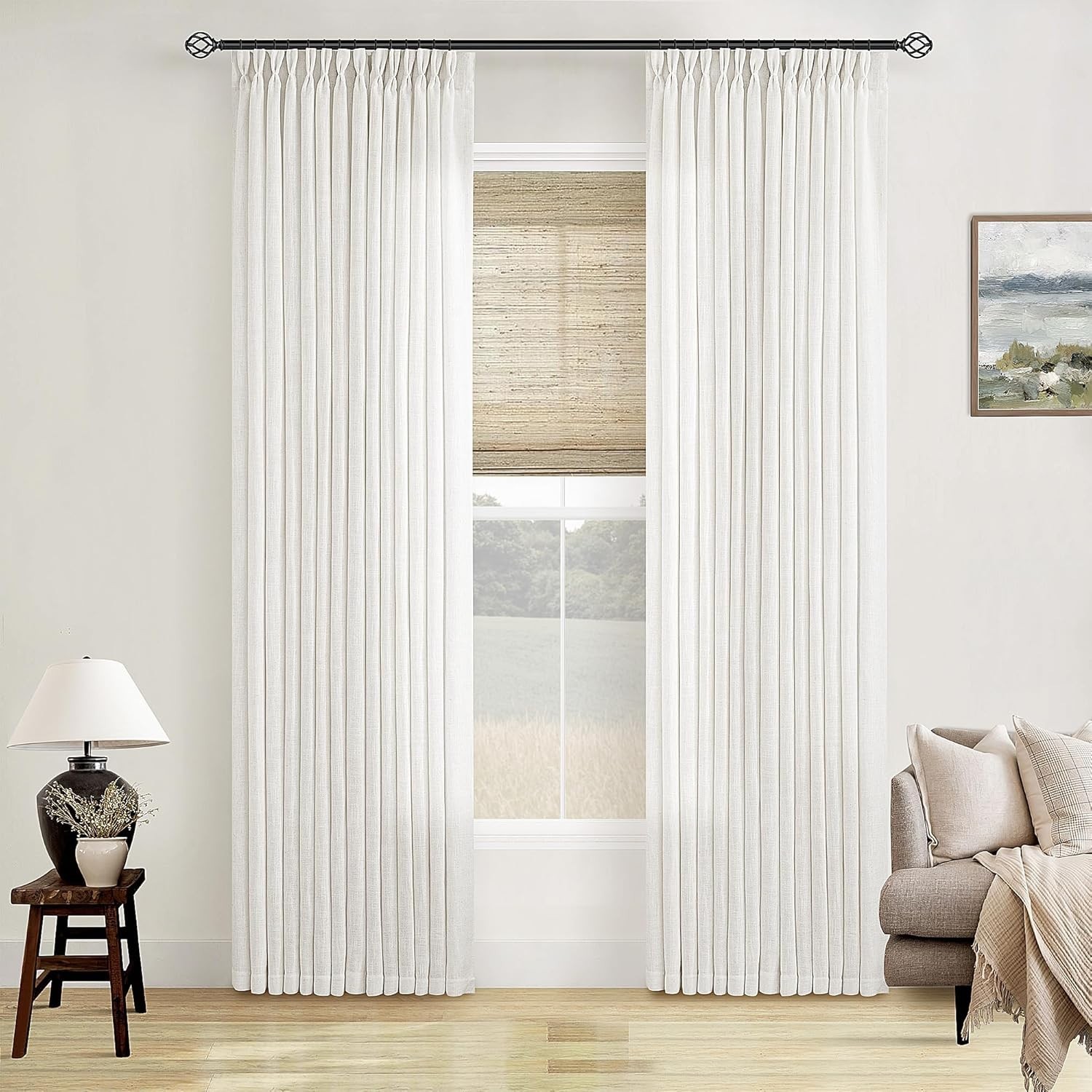 Pinch Pleated Beige White Sheer Curtains 84 Inches Long, 2 Panels Set