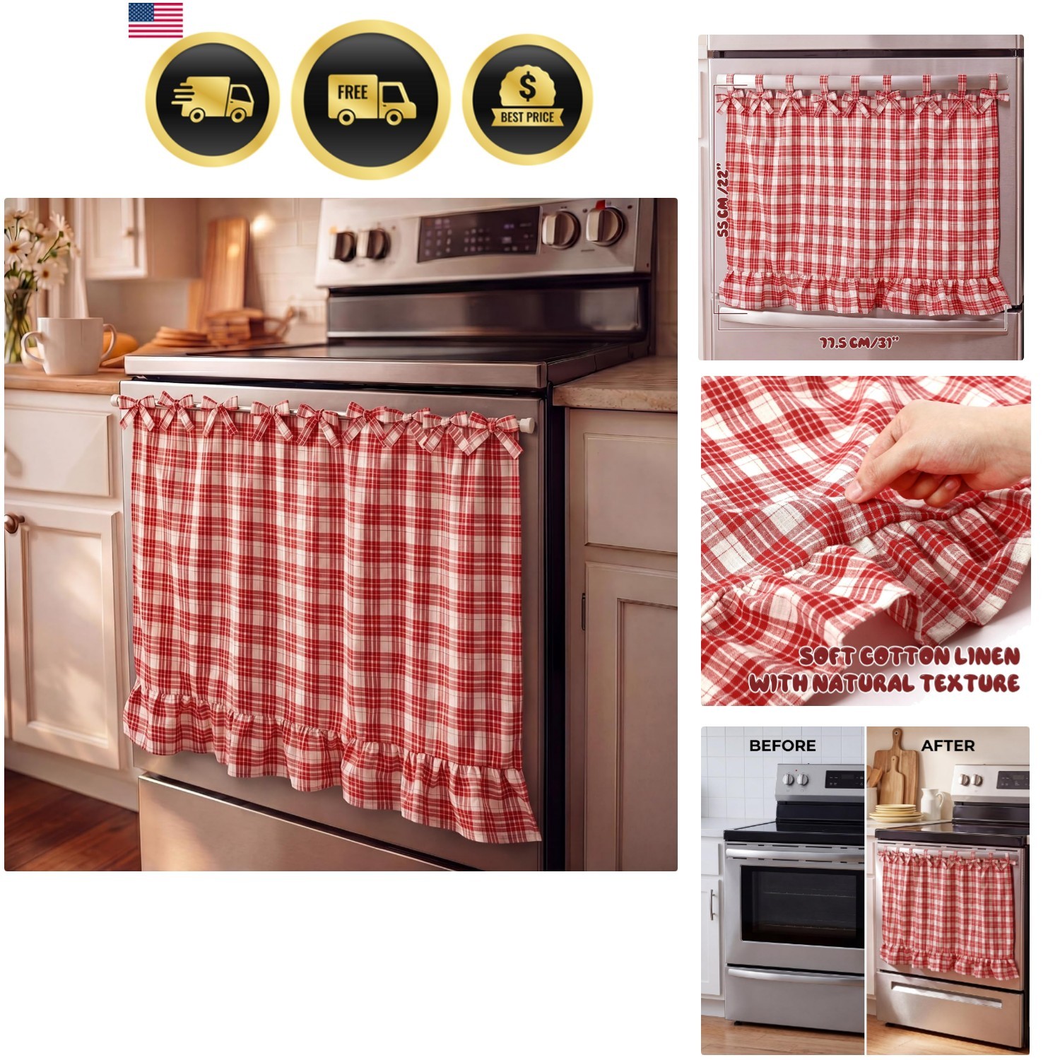 Oven Skirt Curtain for Kitchen Decor 22 x 31 Inch Red and White Checkered Cot…