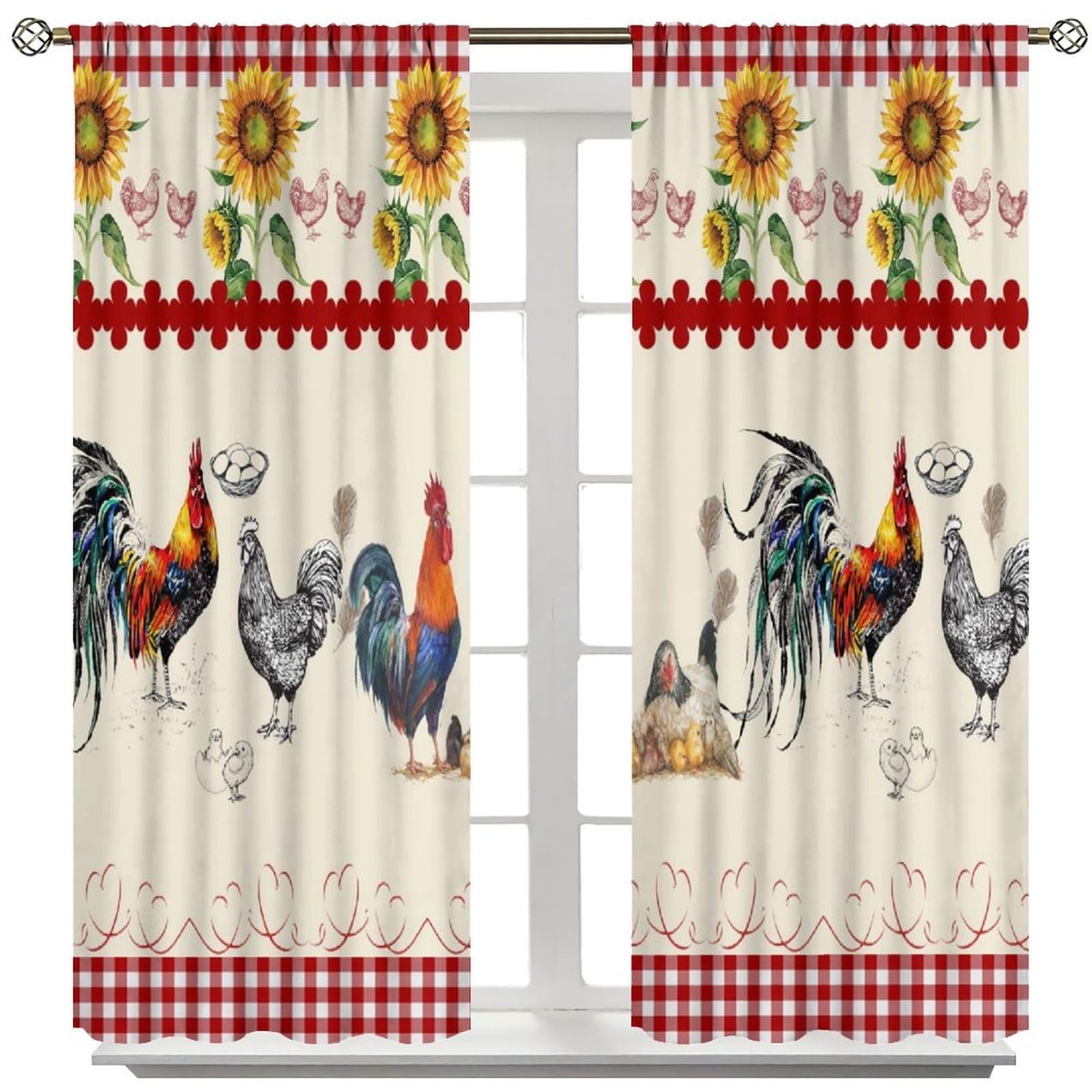Rustic Rooster Curtain,Vintage Chicken Red Plaid Country Farm Sunflower Windo…