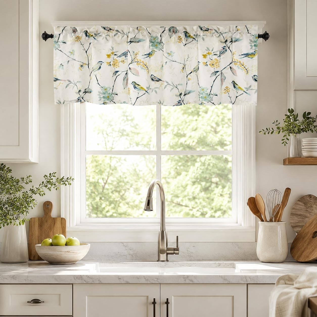 Birds Pattern Valances for Windows of Kitchen, Floral and Birds Print Linen T…