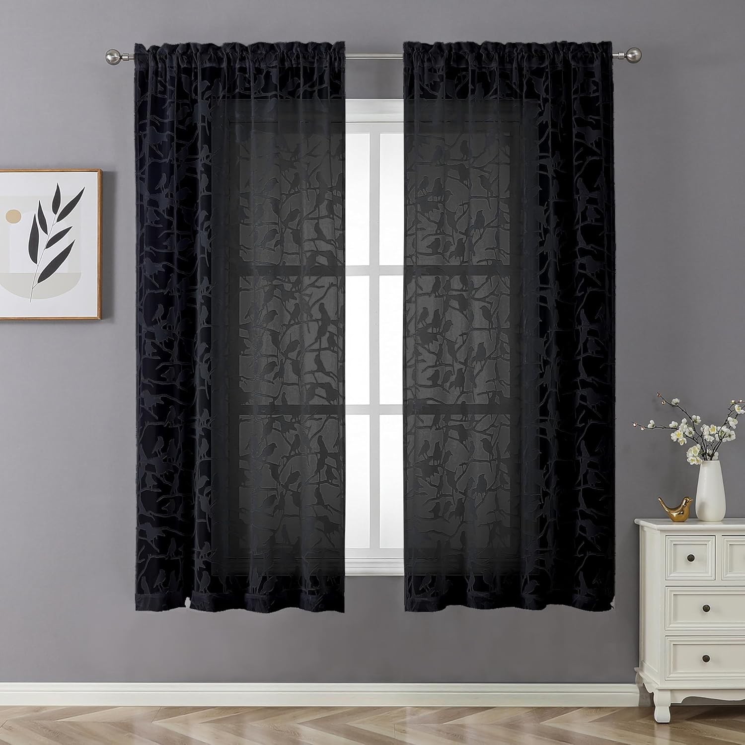 Sheer Black Curtains 63 Inches Long, Light & Airy Privacy Textured Sheer