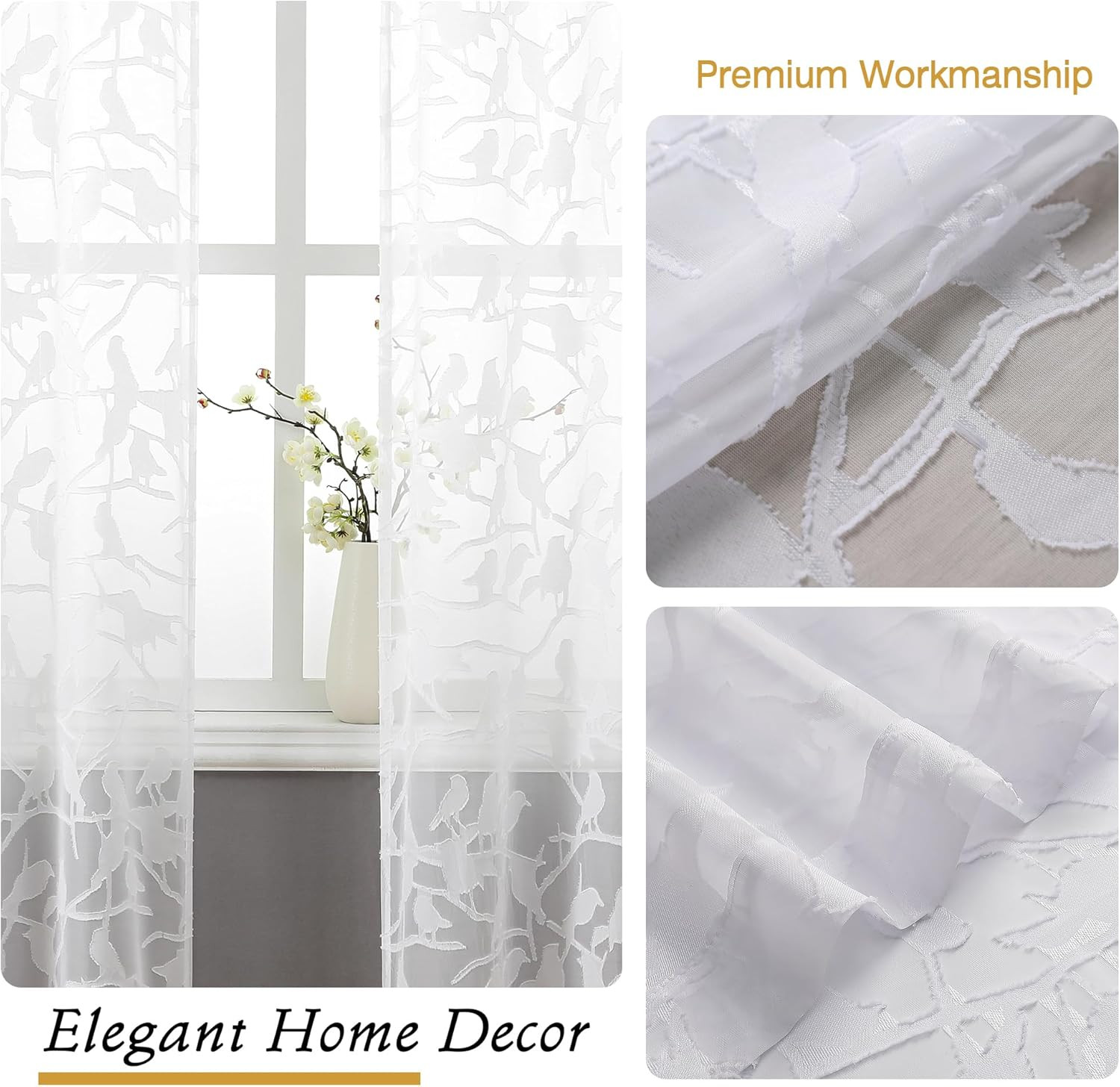 OVZME Anji Bird White Sheer Curtains 45 Inches Long 2 Panels Set for Small Windo