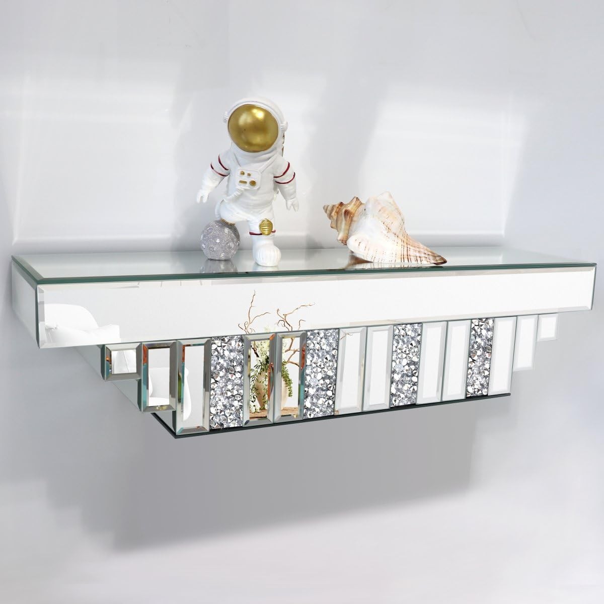 Mirrored Floating Shelf for Wall-23 Crushed Crystal Diamond Wall Shelf, Silve…