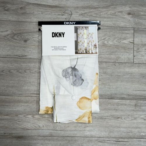 DKNY 32 x 96 City Bloom Inverted Pleat Cotton White Yellow Gray Flowers Curtains