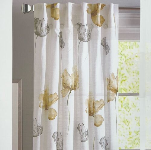 DKNY 32 x 96 City Bloom Inverted Pleat Cotton White Yellow Gray Flowers Curtains