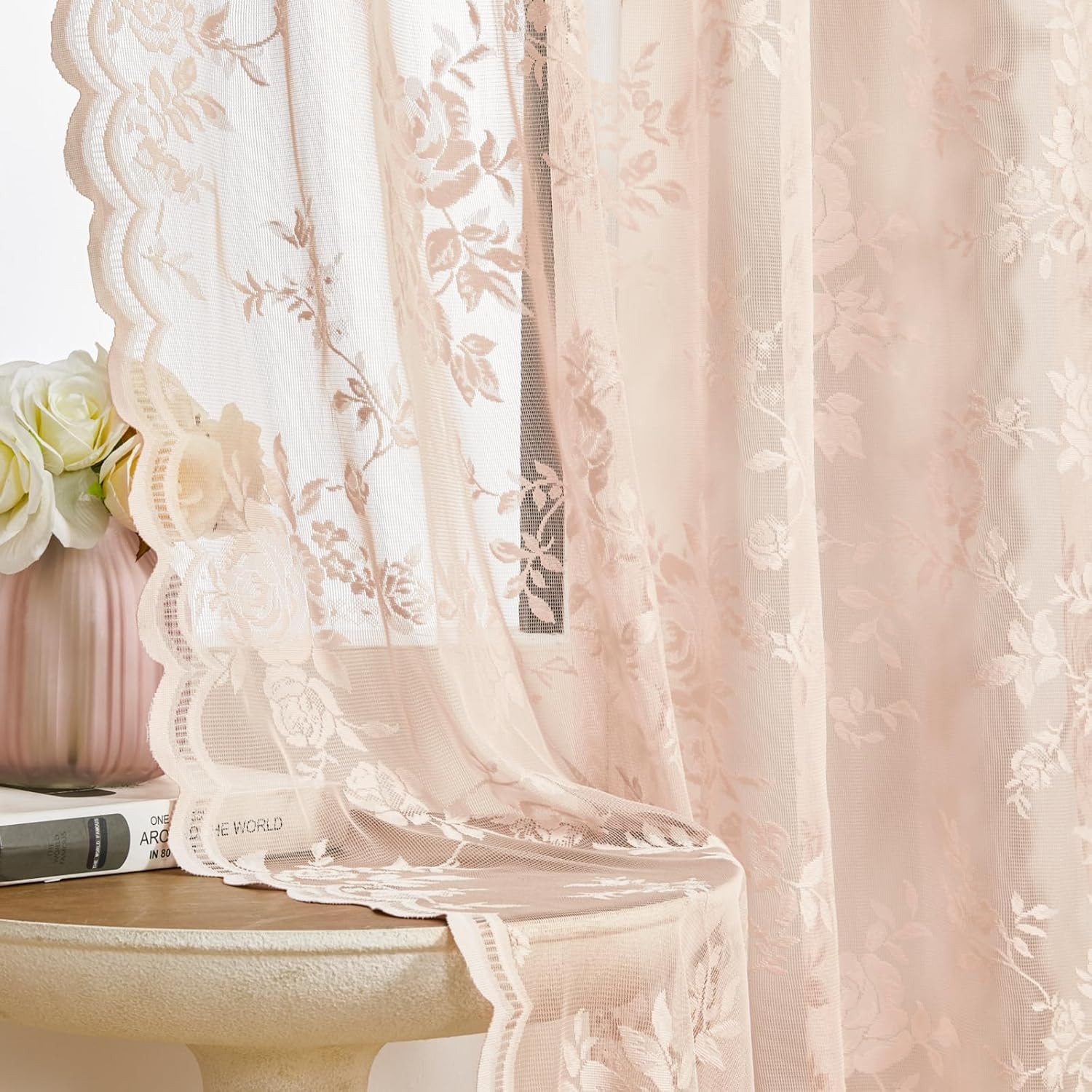 Lace Curtains 63 Inch Length 2 Panels Set 52″W x 63″L (Pack of 2) Blush Pink