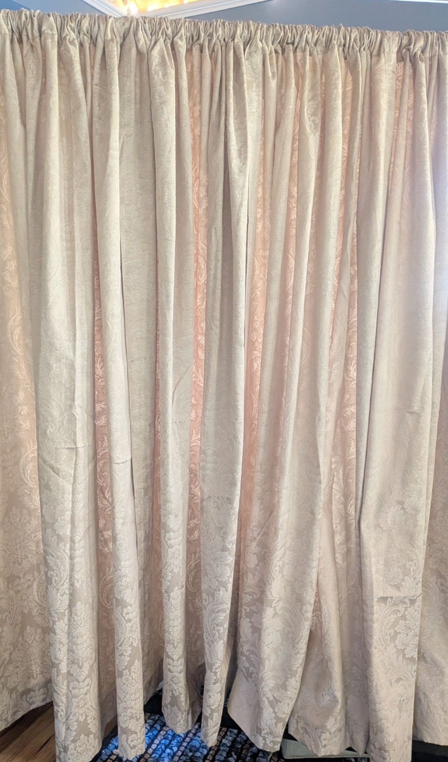 VTG COUNTRY CURTAINS 10 Panel Beige Damask panels 71″ long 4 Valances 8 Tiebacks